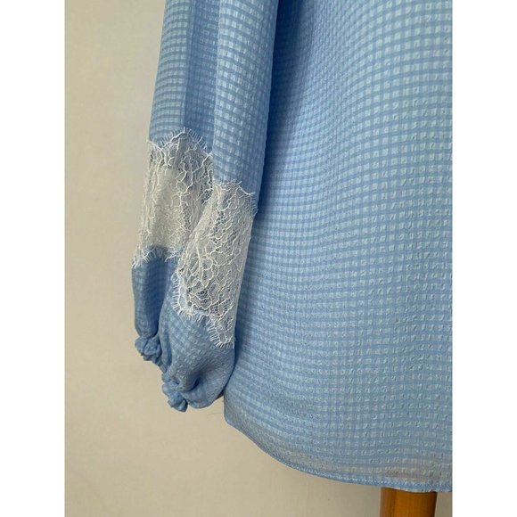 Massimo Dutti Gingham Lace Panel Bishop Sleeve Blouse Light Blue Size 10 / 38 - Picture 3 of 7